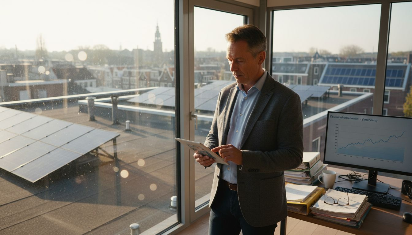 Een ondernemer bekijkt zijn energieverbruik om te zien waar hij kan besparen.