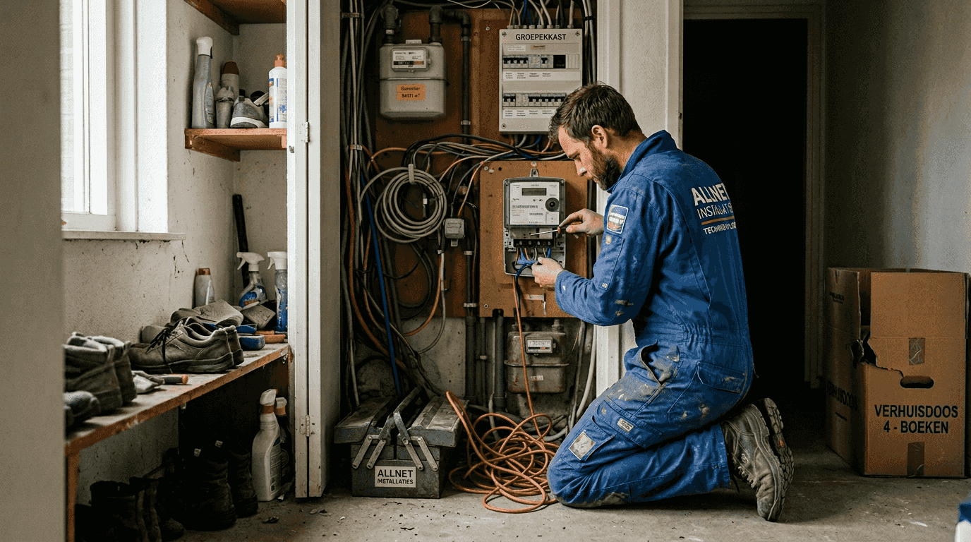 Een installateur komt langs om een slimme meter te plaatsen in de meterkast.
