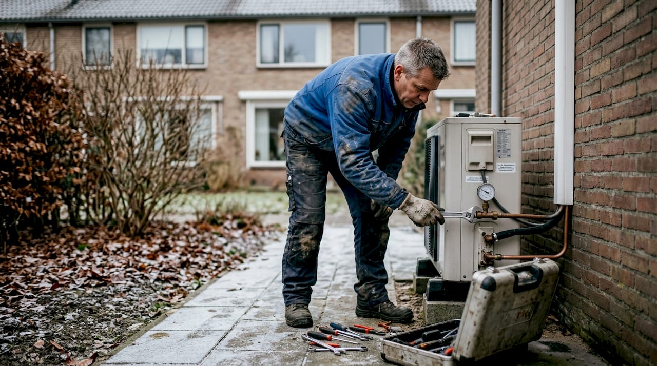 Een monteur is bezig met de installatie van de buitenunit van een warmtepomp.