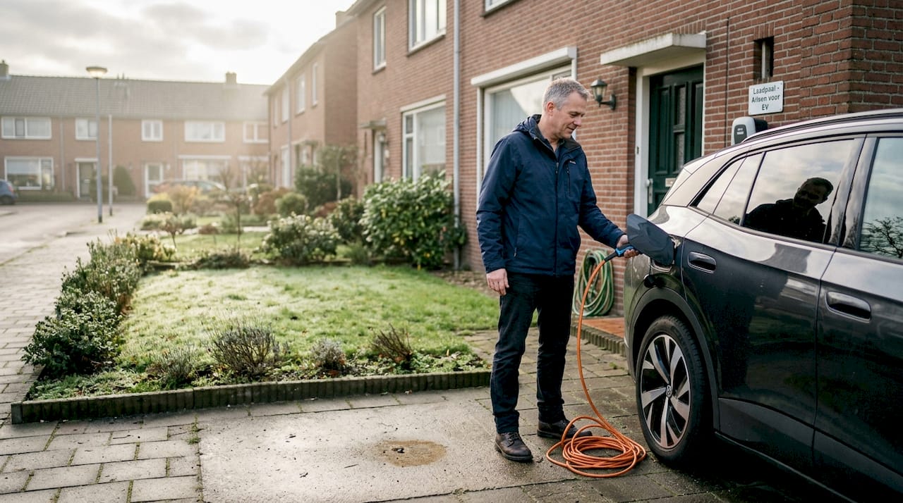 Man sluit zijn elektrische auto thuis aan op de laadpaal