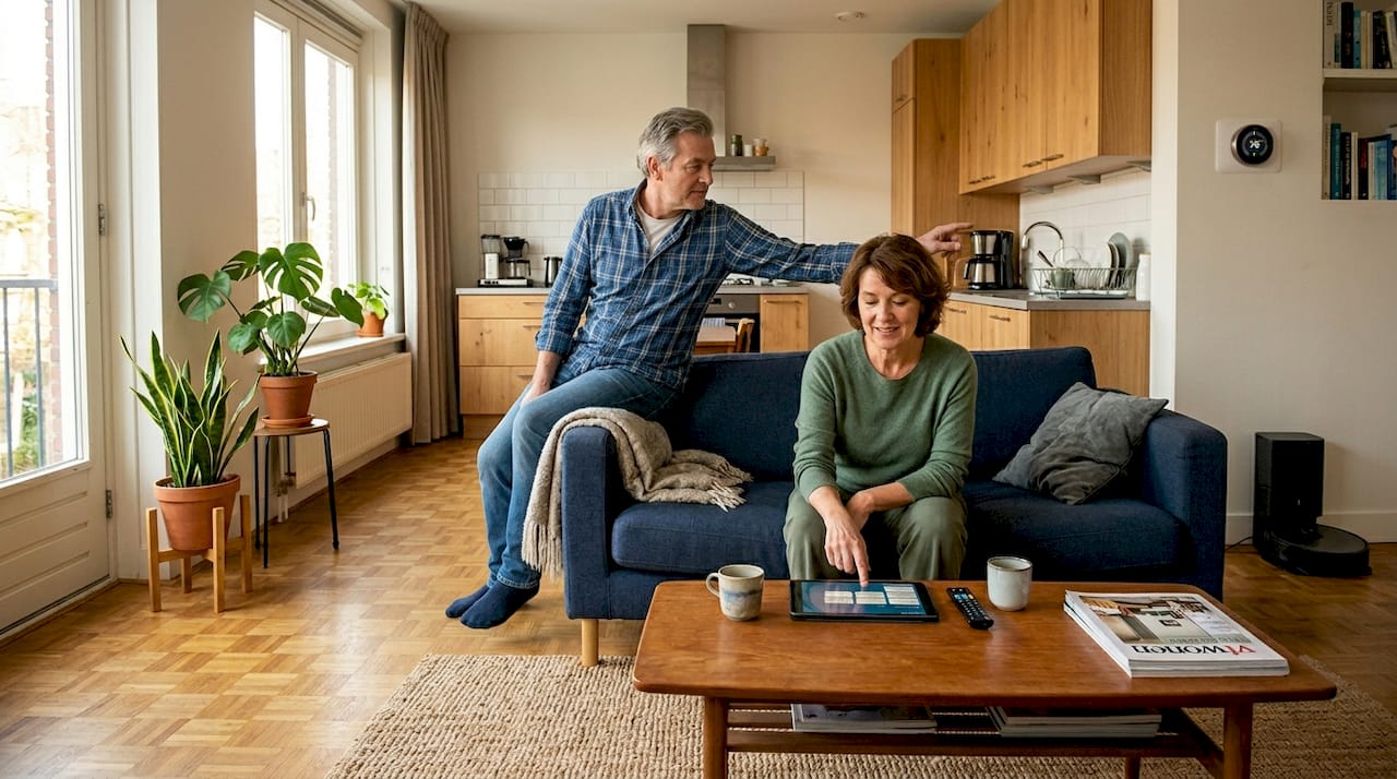 Stelletje ontspant samen in de woonkamer met hun slimme apparaten.