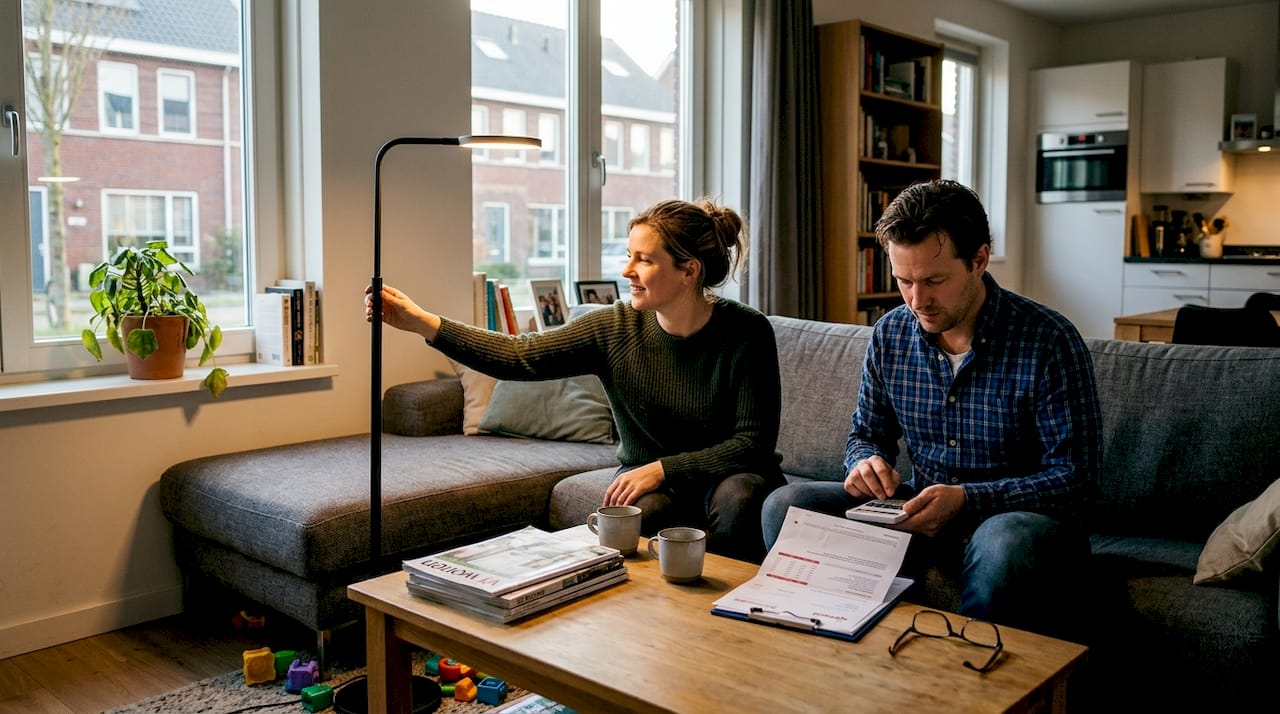 Couple adjusts LED lighting in modern living room