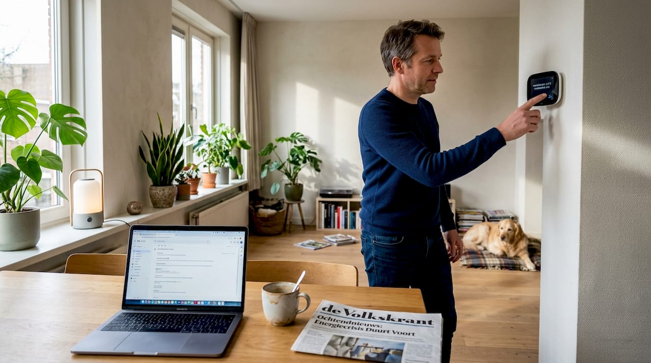 Een man stelt de slimme thermostaat in de woonkamer in.