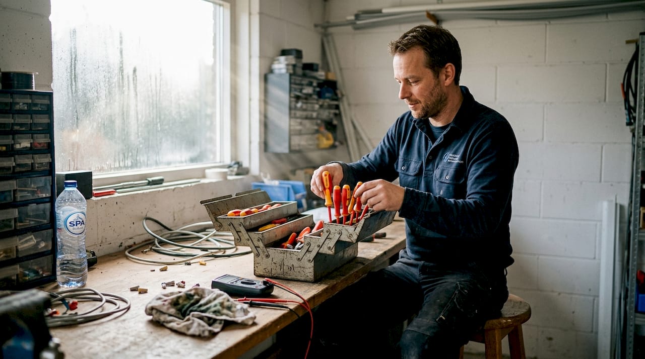Een elektricien ruimt zijn handgereedschap netjes op de werkbank op.
