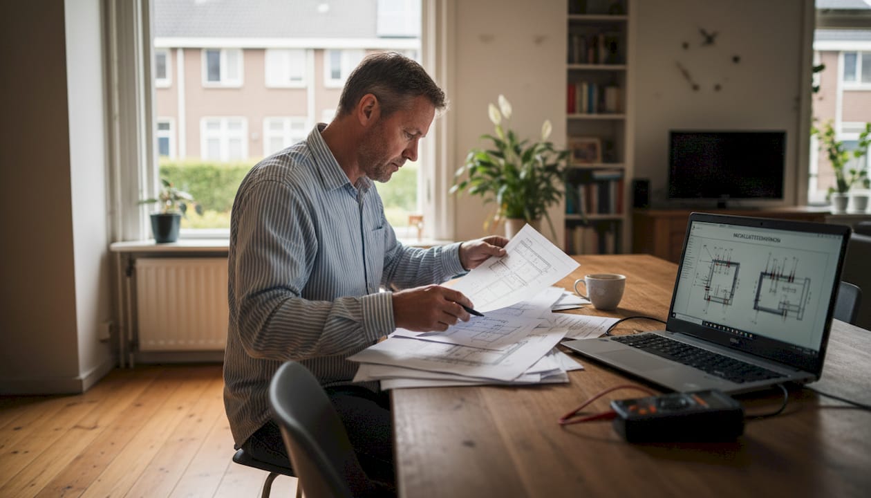 De elektricien neemt aan de eettafel rustig de papieren door voordat de keuring plaatsvindt.