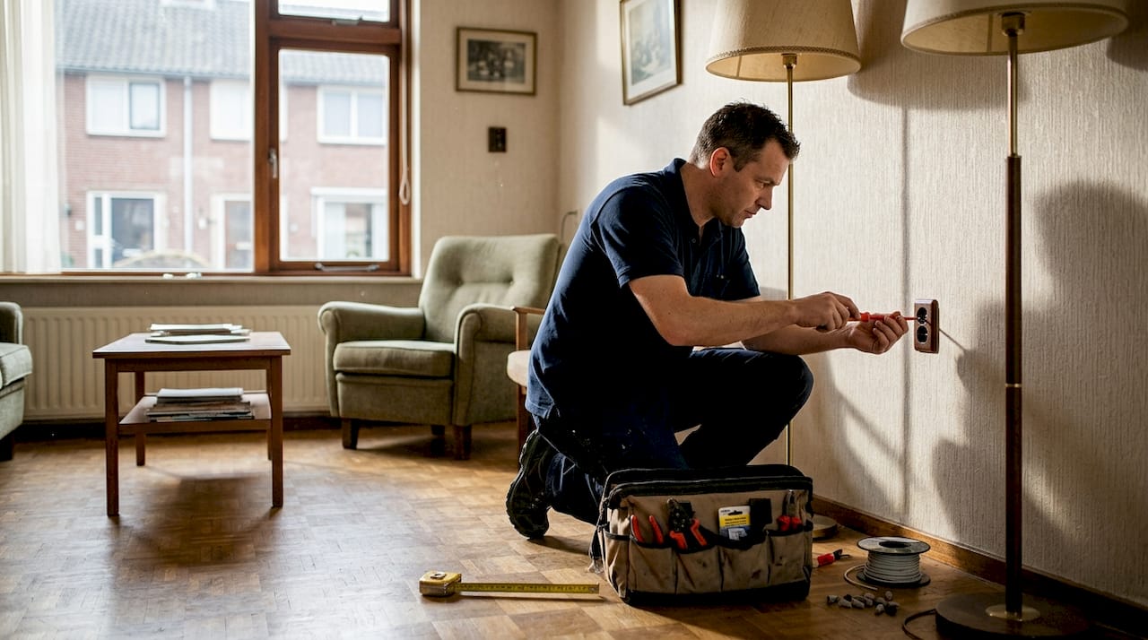 Een elektricien is bezig met het vervangen van de bekabeling in de woonkamer.