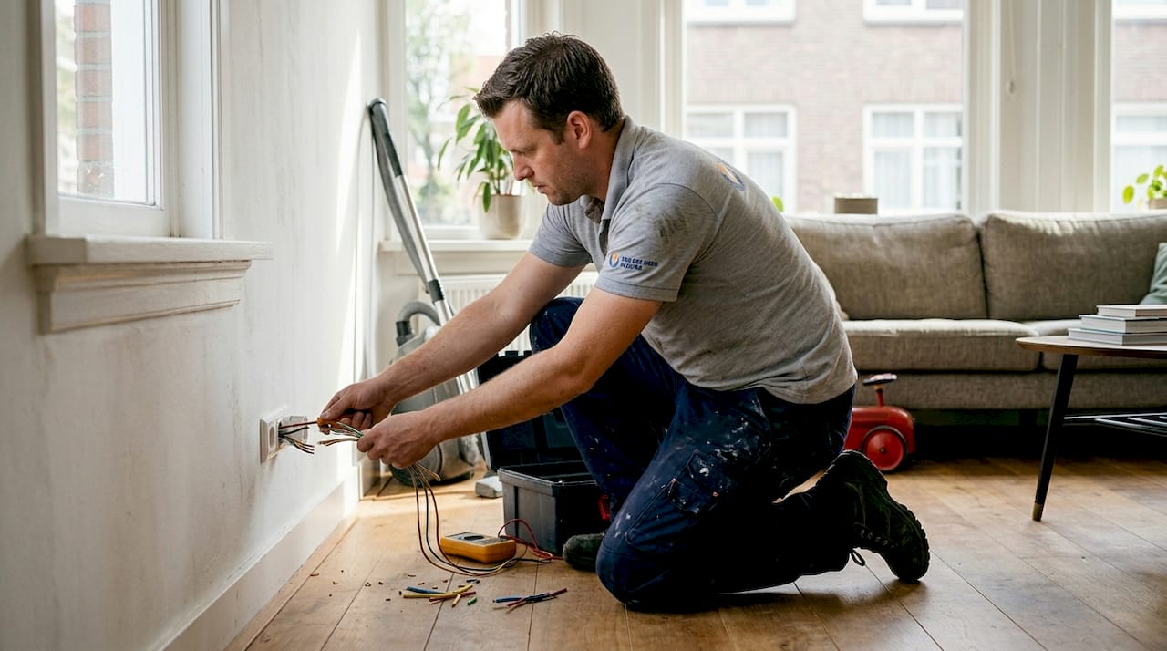 Een elektricien komt een Perilex stopcontact plaatsen in de woonkamer.