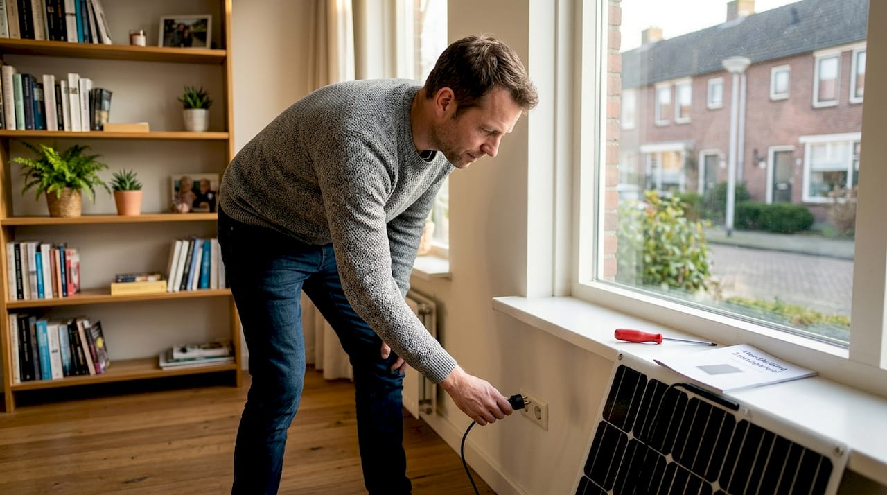 Man sluit thuis zelf een zonnepaneel aan met een stekker