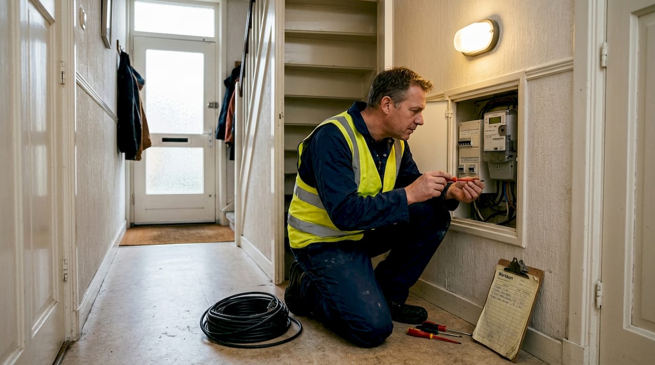 Een monteur komt langs om een digitale meter in huis te plaatsen.