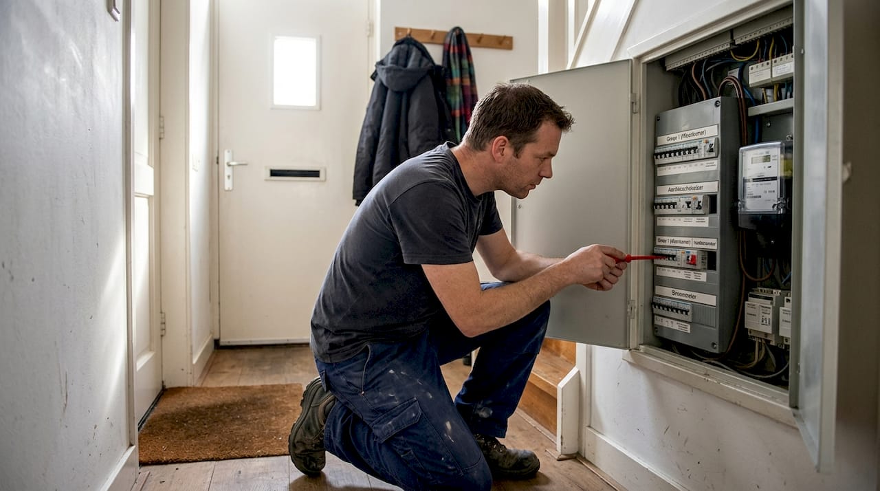 Een elektricien voert een inspectie uit van de meterkast in de gang van een woning.