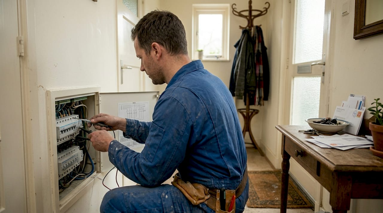 Een elektricien inspecteert de meterkast in de gang.