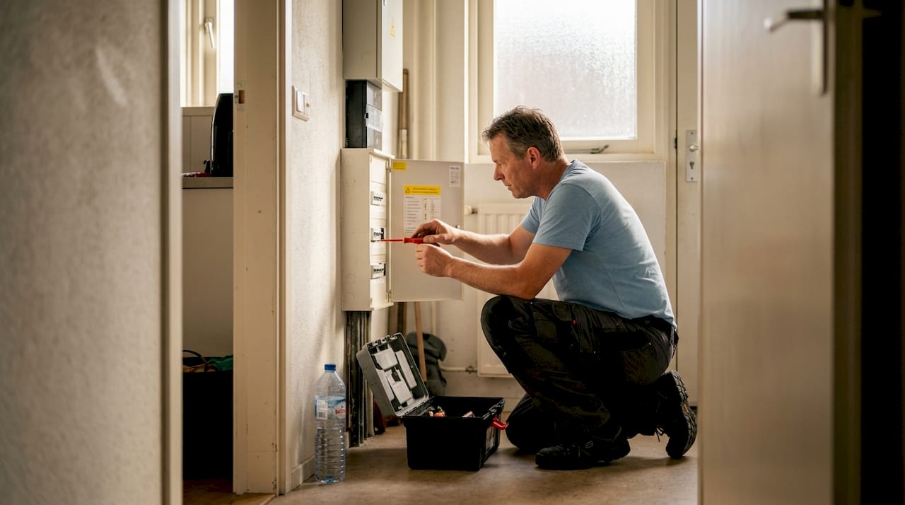 Een elektricien is bezig met het vernieuwen van de meterkast in een karakteristieke oude woning.