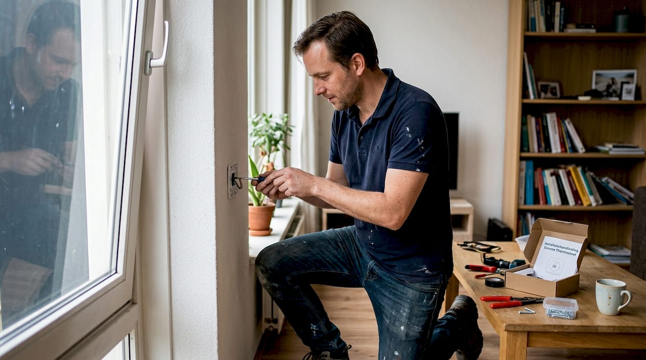 Een elektricien plaatst een slimme thermostaat in de woonkamer.
