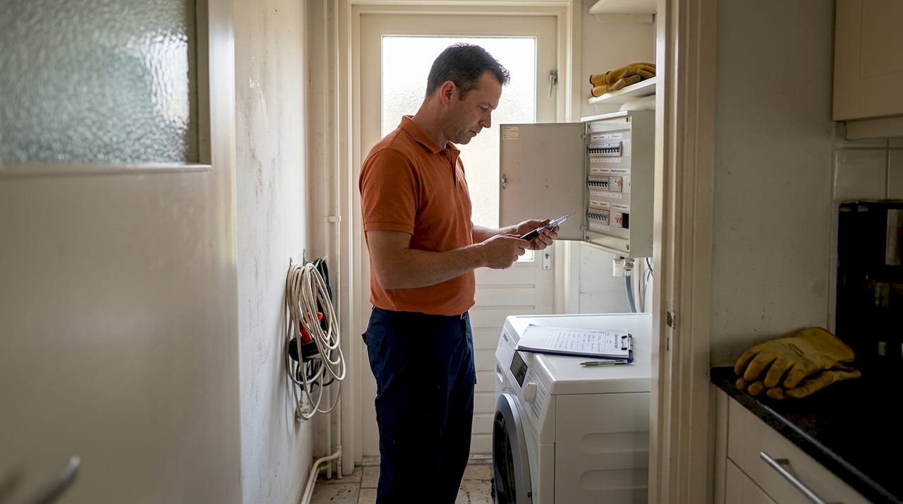 Een elektricien controleert de groepenkast in een Nederlandse woning.