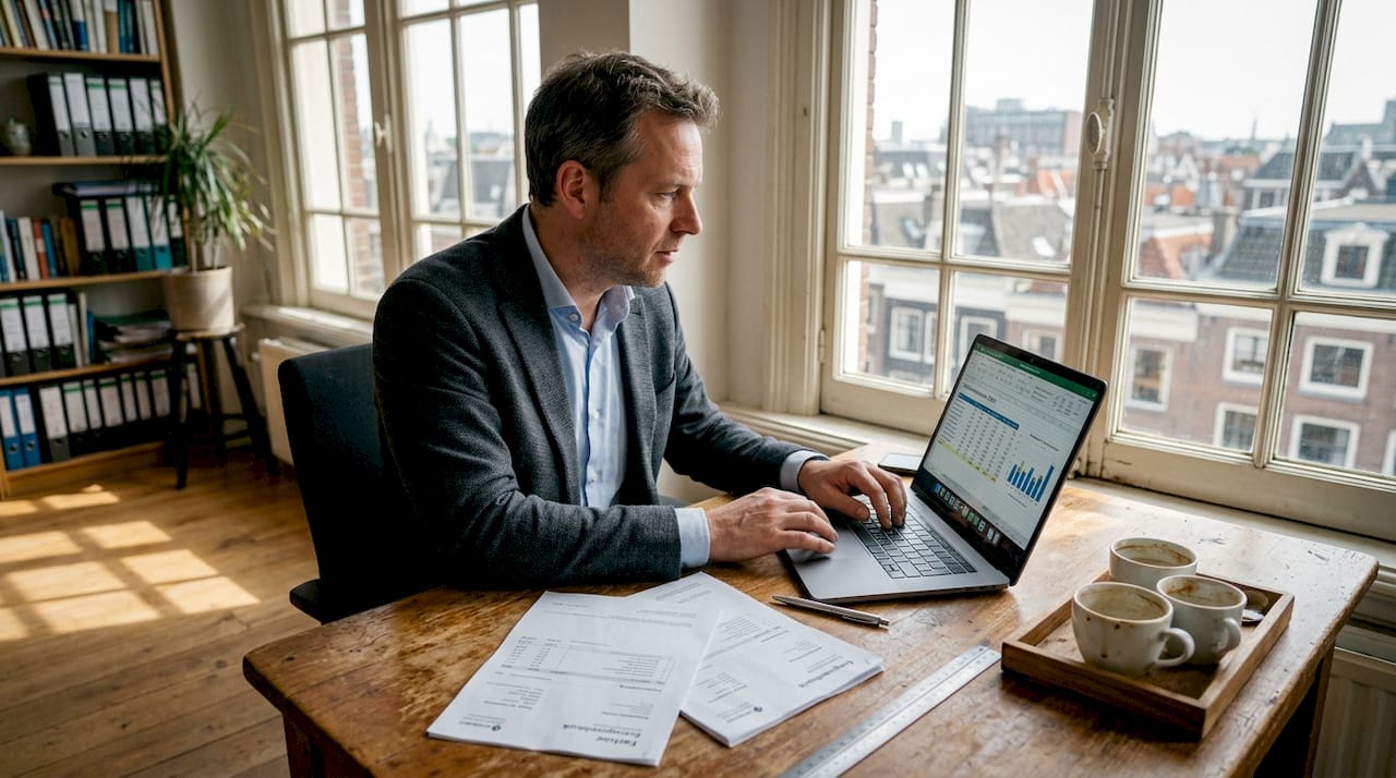 Een man meet het stroomverbruik in zijn kantoor op de hoek.