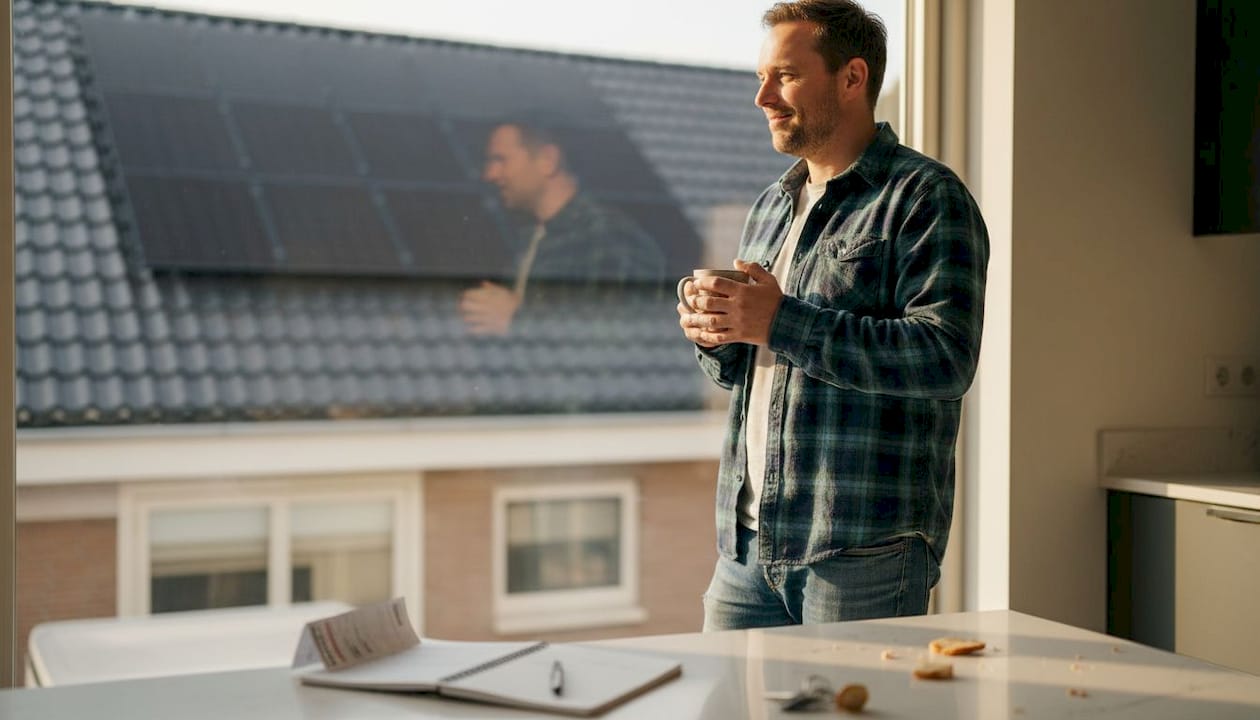 Man kijkt vanuit de keuken naar de zonnepanelen op zijn huis