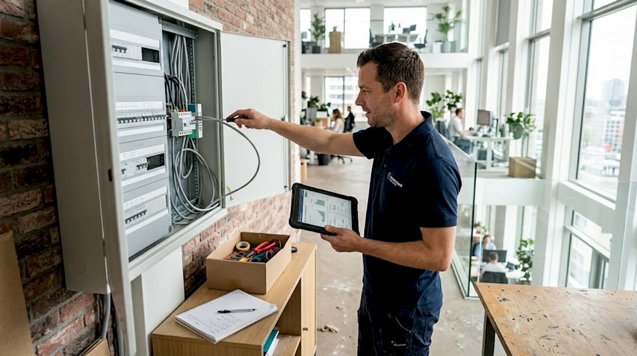 Een elektricien is bezig met het installeren van een automatiseringspaneel op kantoor.
