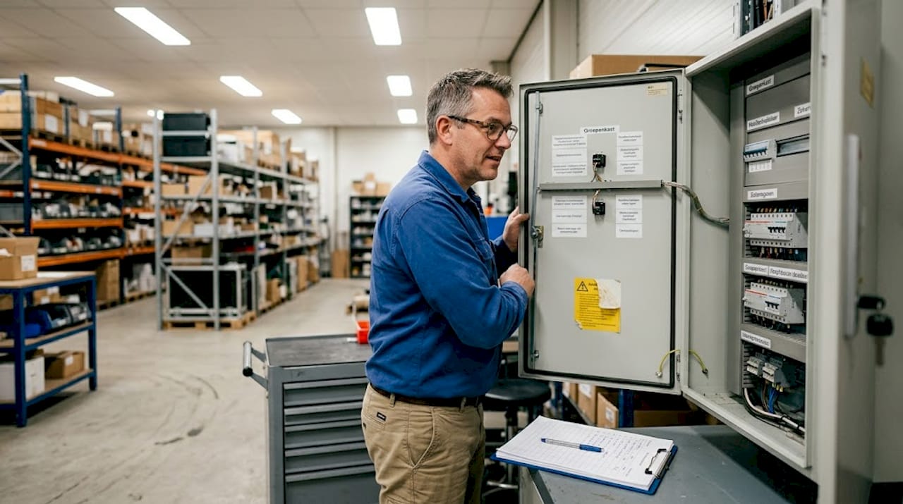 De bedrijfsleider controleert de meterkast in het magazijn.