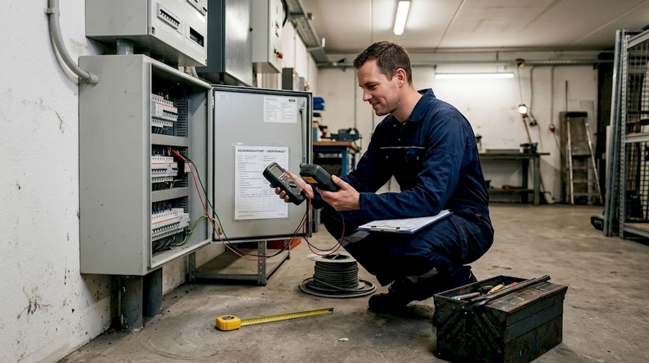 Een inspecteur controleert de elektrische installatie in een bedrijfsruimte.