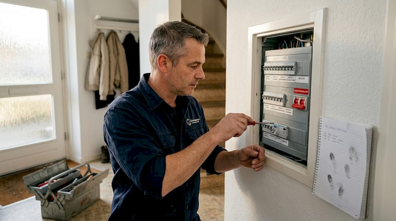 Een elektricien controleert de hoofdschakelaar in de meterkast.