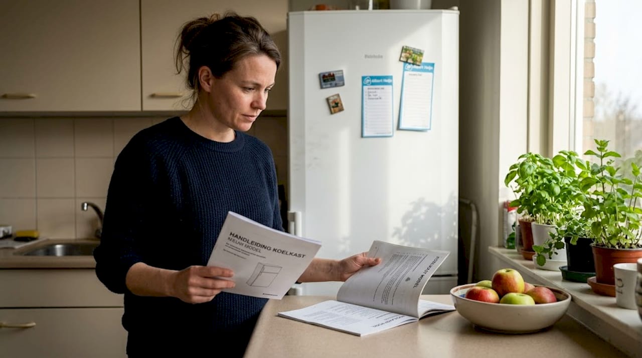 Een vrouw bladert in de keuken door handleidingen van haar huishoudelijke apparaten.