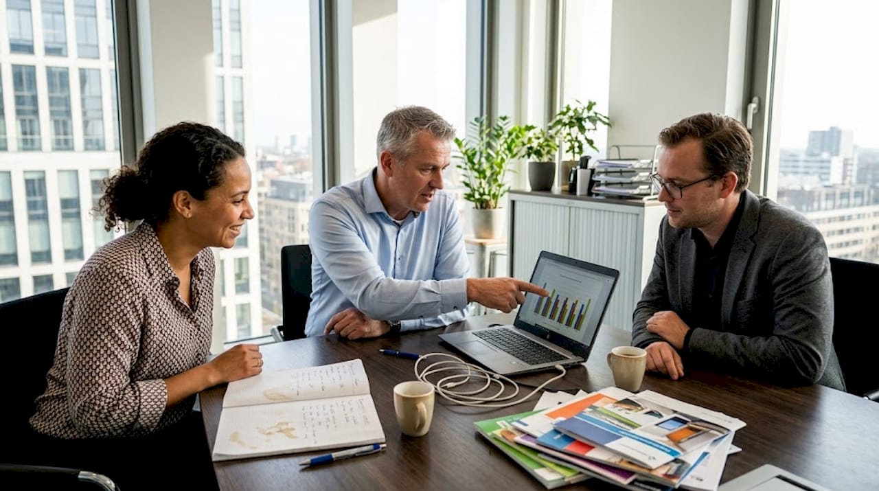 Het facilitair team buigt zich over de uitkomsten van de energieaudit.