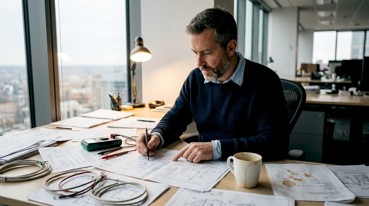Een adviseur bekijkt het elektrische plan op het kantoor grondig door.