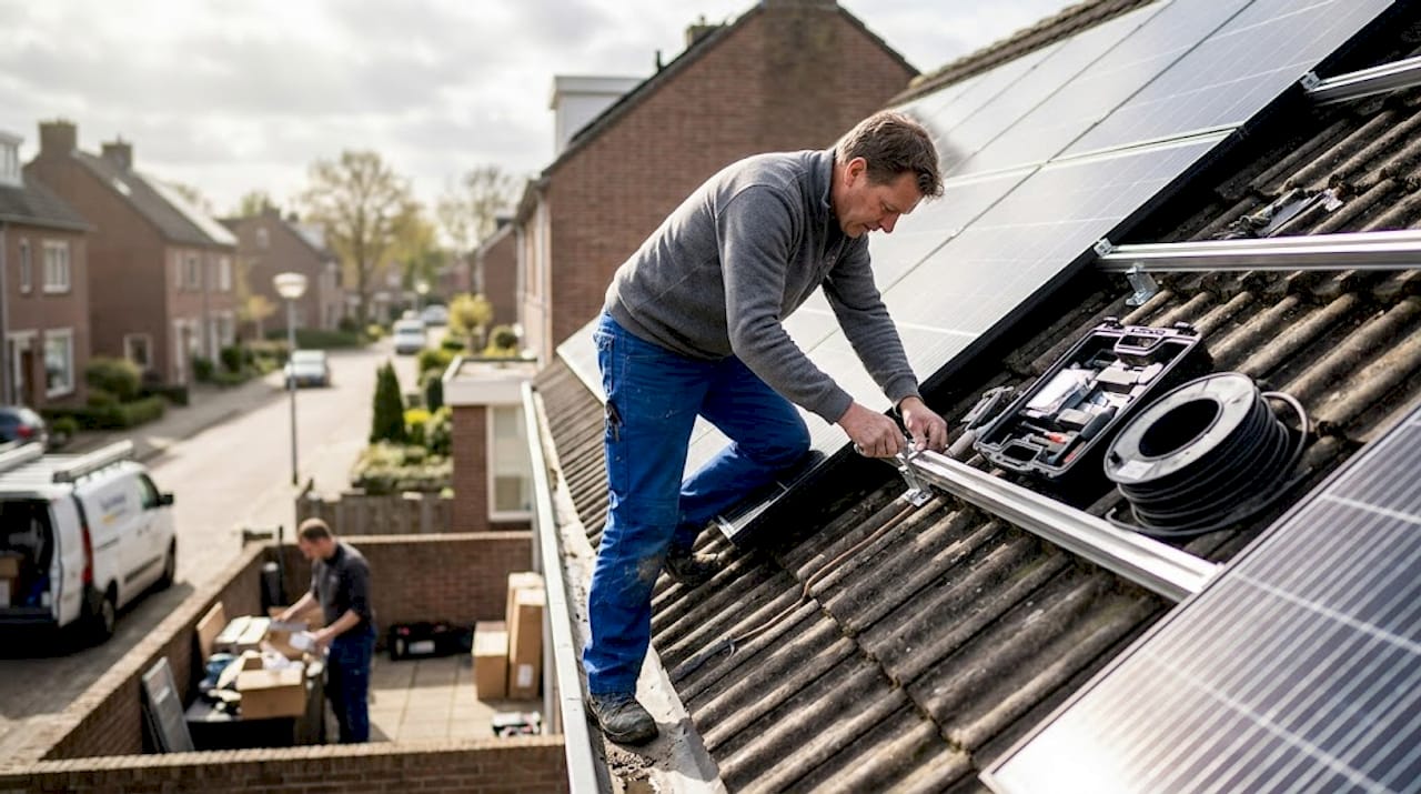 Een vakman plaatst zonnepanelen op het dak van een woning.