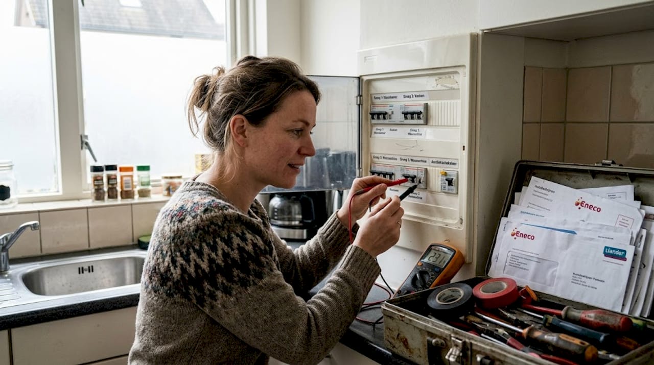 Een huiseigenaar controleert de meterkast om te kijken of alles goed werkt.