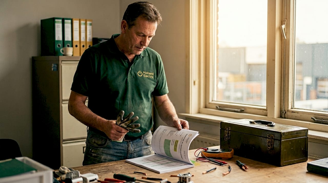 Een elektromonteur kijkt zijn certificaat na terwijl hij aan zijn bureau zit.