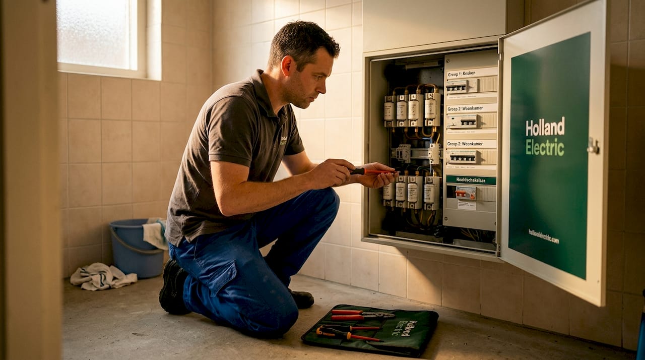 Een elektricien controleert de meterkast in een woning.